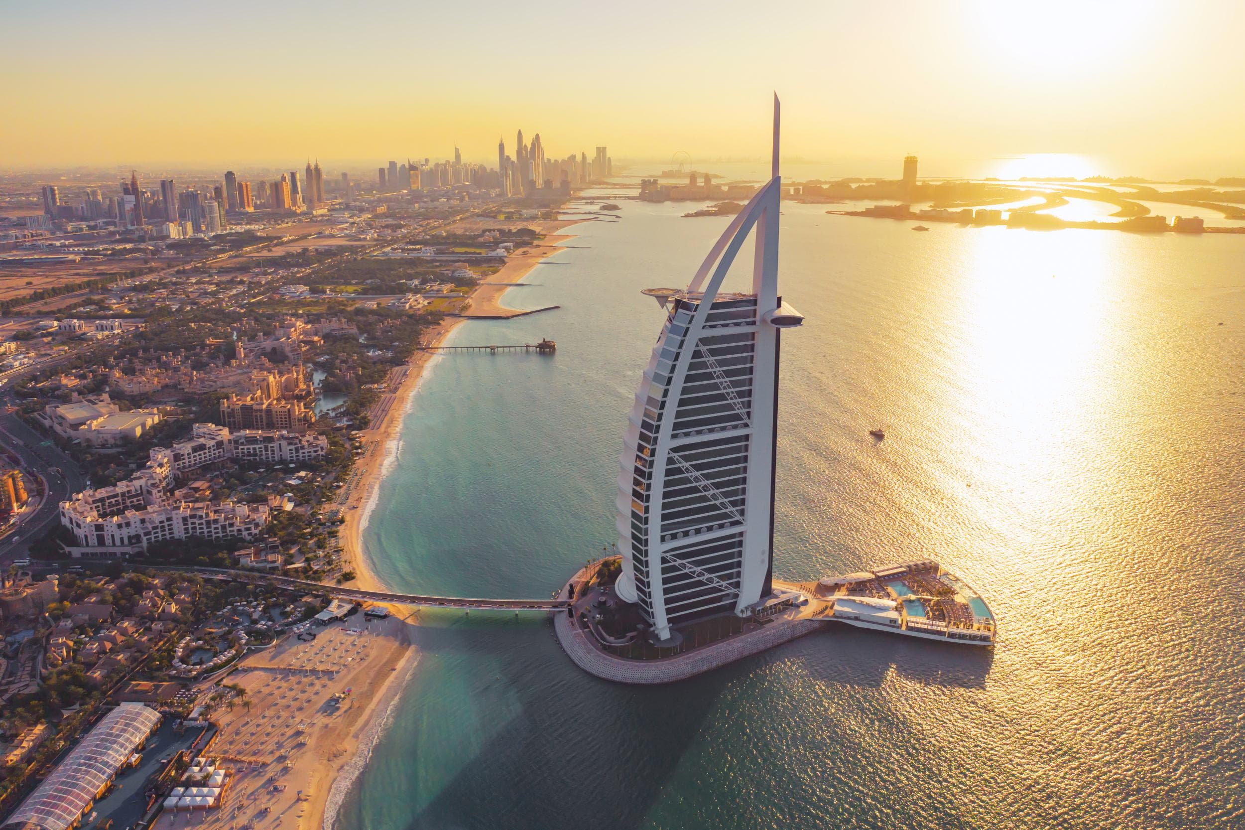 Dubai downtown skyline with the Burj Khalifa at sunset